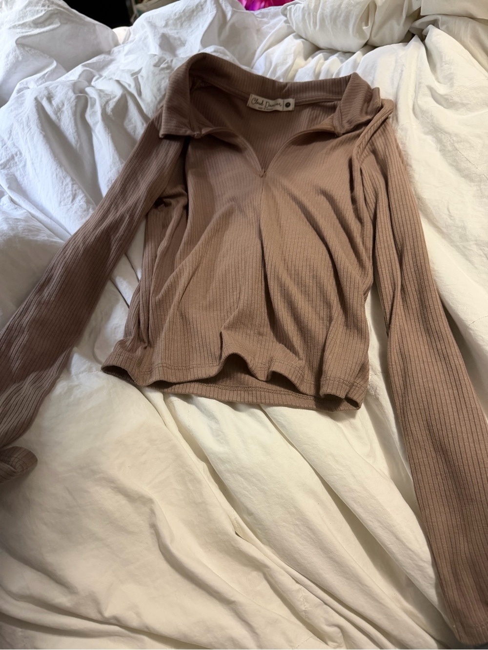 Ribbed Long Sleeve Polo Top in Mauve Taupe